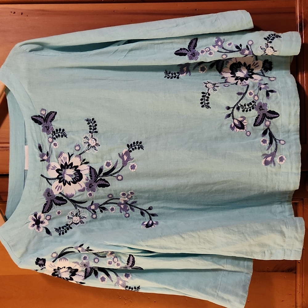 Charter Club Light Blue Floral Embroidered Blouse